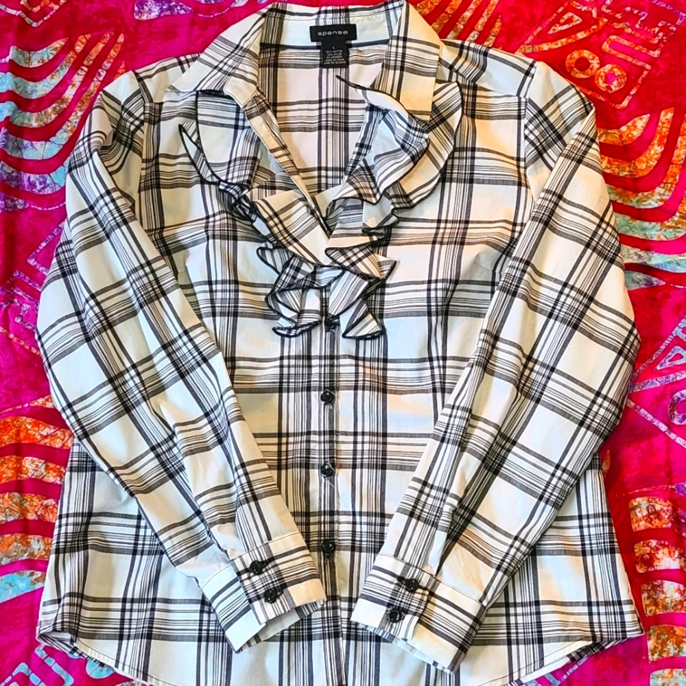 Spence black and white plaid blouse